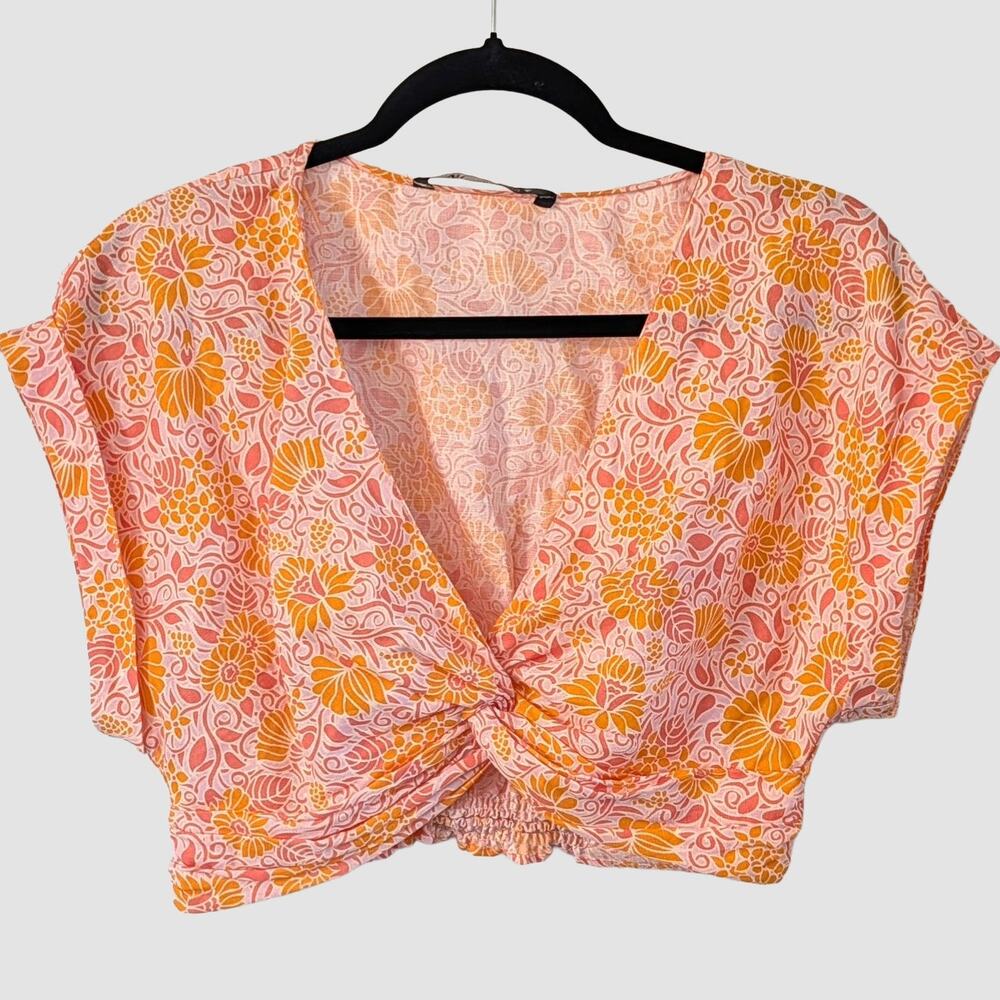 Zara Linen Blend Floral Twist Front Crop Top S Pink Orange Smocked Boho Resort
